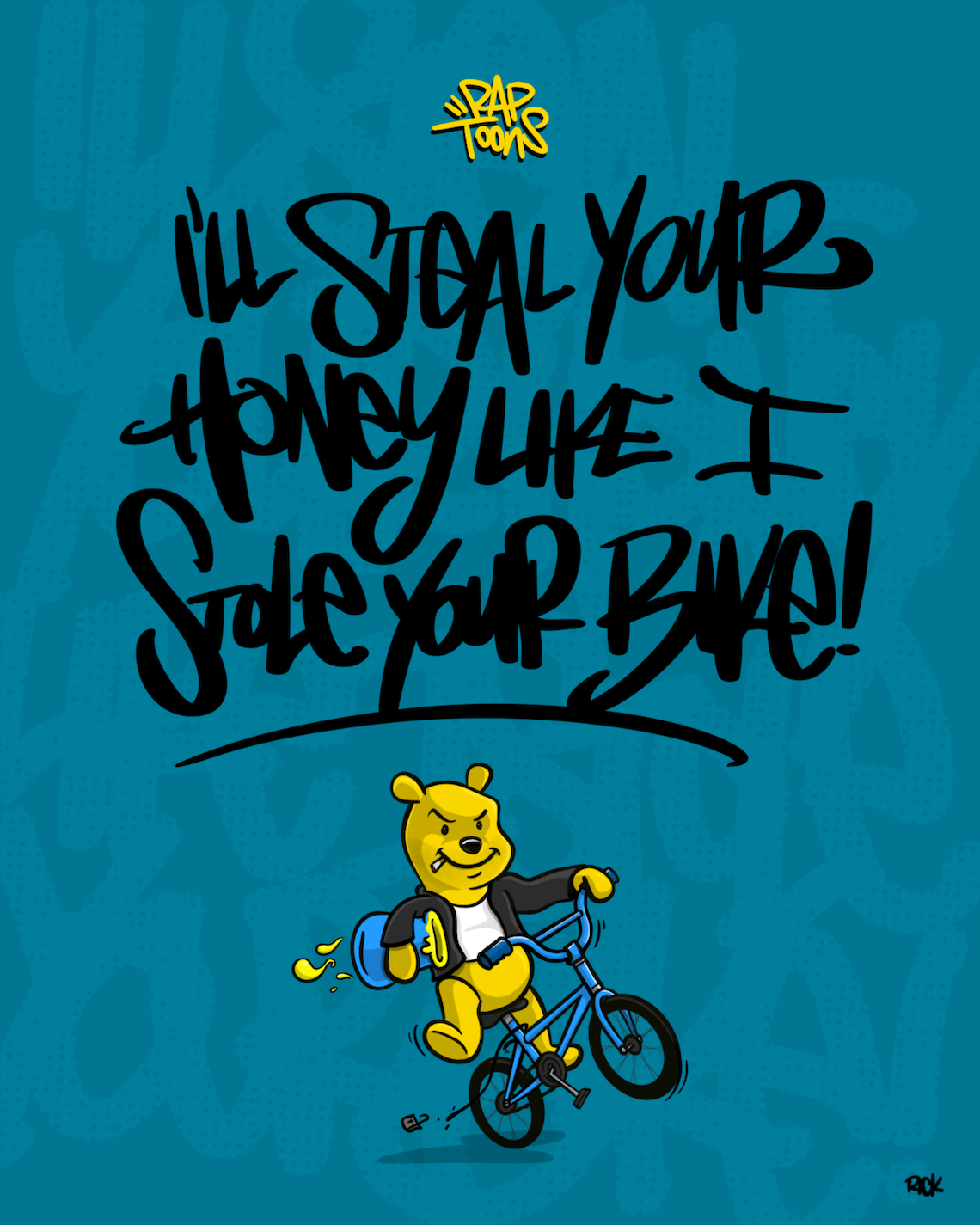 Beastie Boys The New Style lyrics cartoon parody MCA as Winnie the Pooh with hand-lettered graffiti art from Rap Toons hip-hop illustration series, drawn by artist Rick Martin