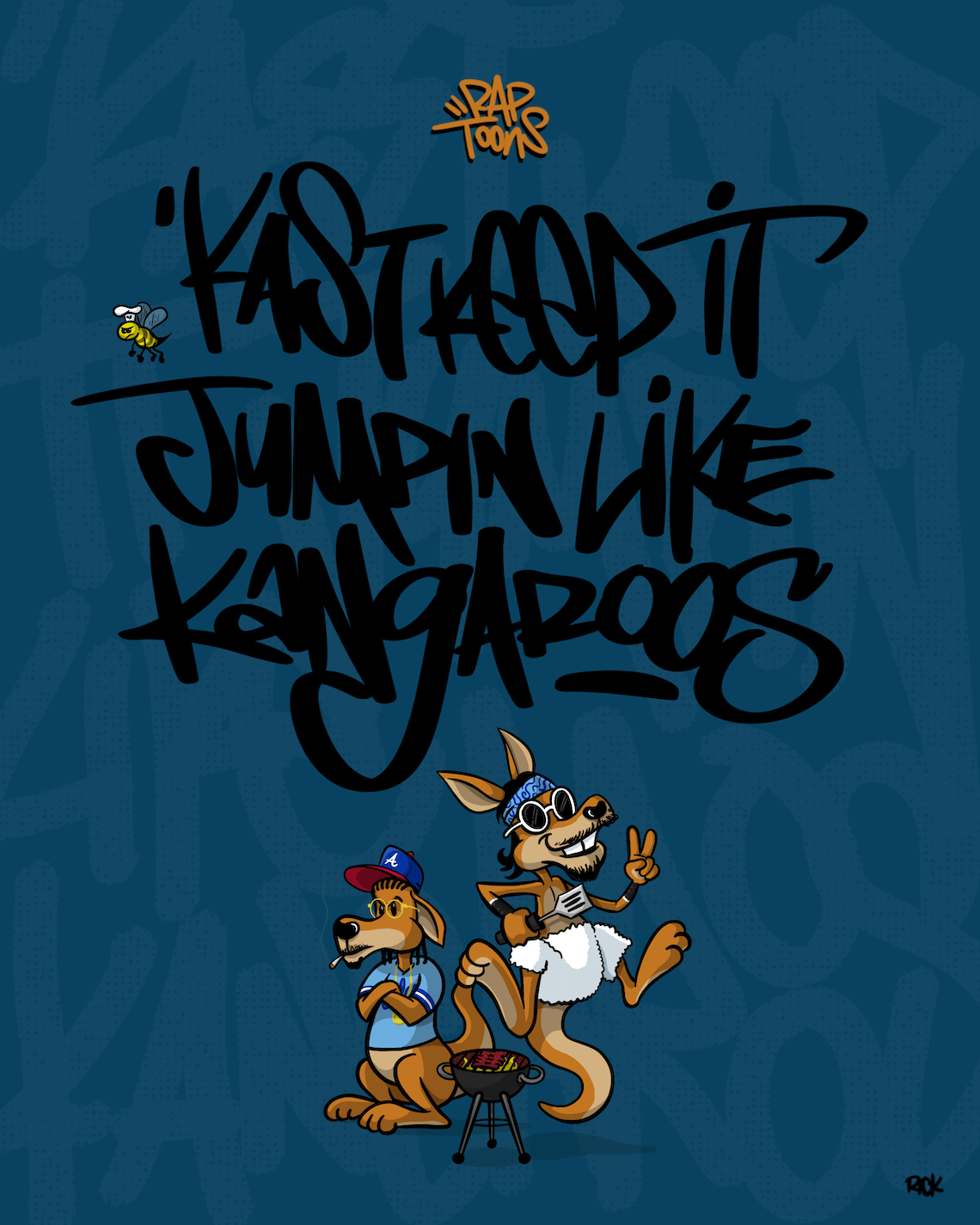 Outkast Skew it on the Bar-B rap lyrics cartoon parody with Big Boi and Andre 3000 as hip-hop kangaroos with hand-lettered graffiti art, drawn by artist Rick Martin