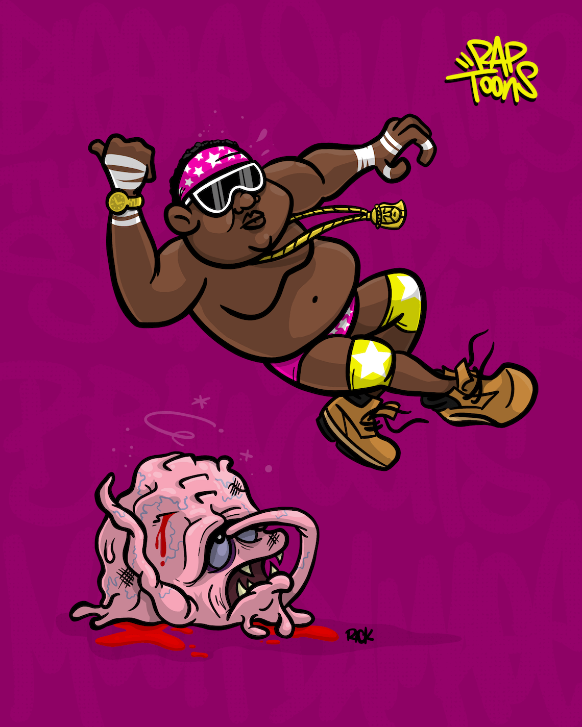 Notorious B.I.G. Biggie Smalls Ready to Die rap lyrics cartoon parody as Macho Man elbow drop on Krang from Ninja Turtles with hand-lettered hip-hop graffiti art, drawn by artist Rick Martin