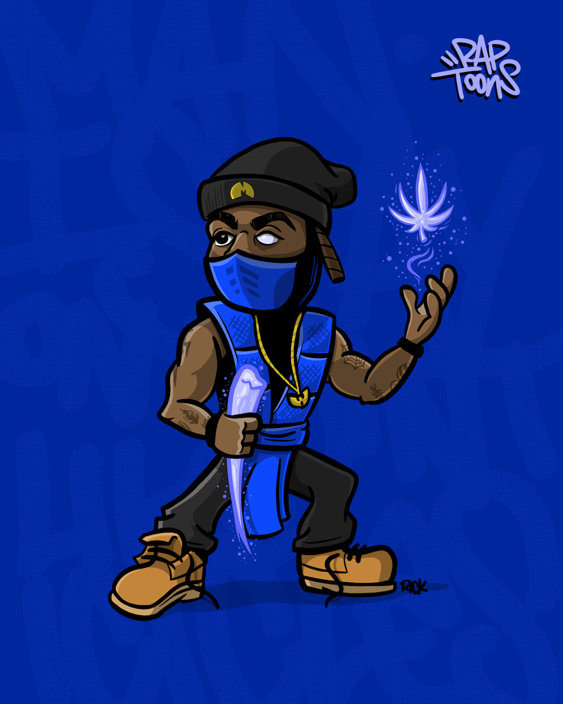 Method Man Wu-Tang rap lyrics cartoon parody as Sub-Zero from Mortal Kombat with hand-lettered graffiti art from hip-hop illustration series, drawn by artist Rick Martin