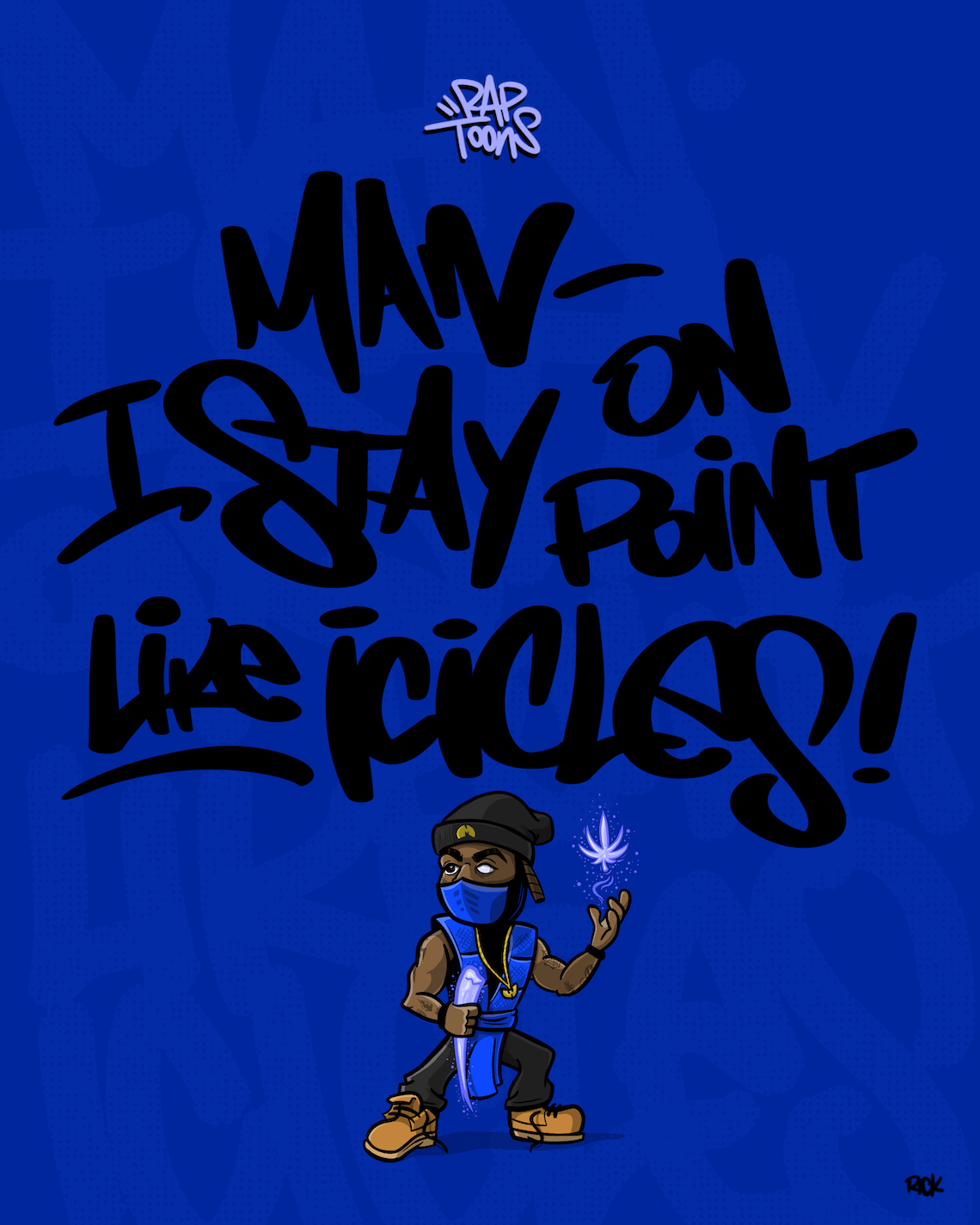 Method Man Wu-Tang rap lyrics cartoon parody as Sub-Zero from Mortal Kombat with hand-lettered graffiti art from hip-hop illustration series, drawn by artist Rick Martin