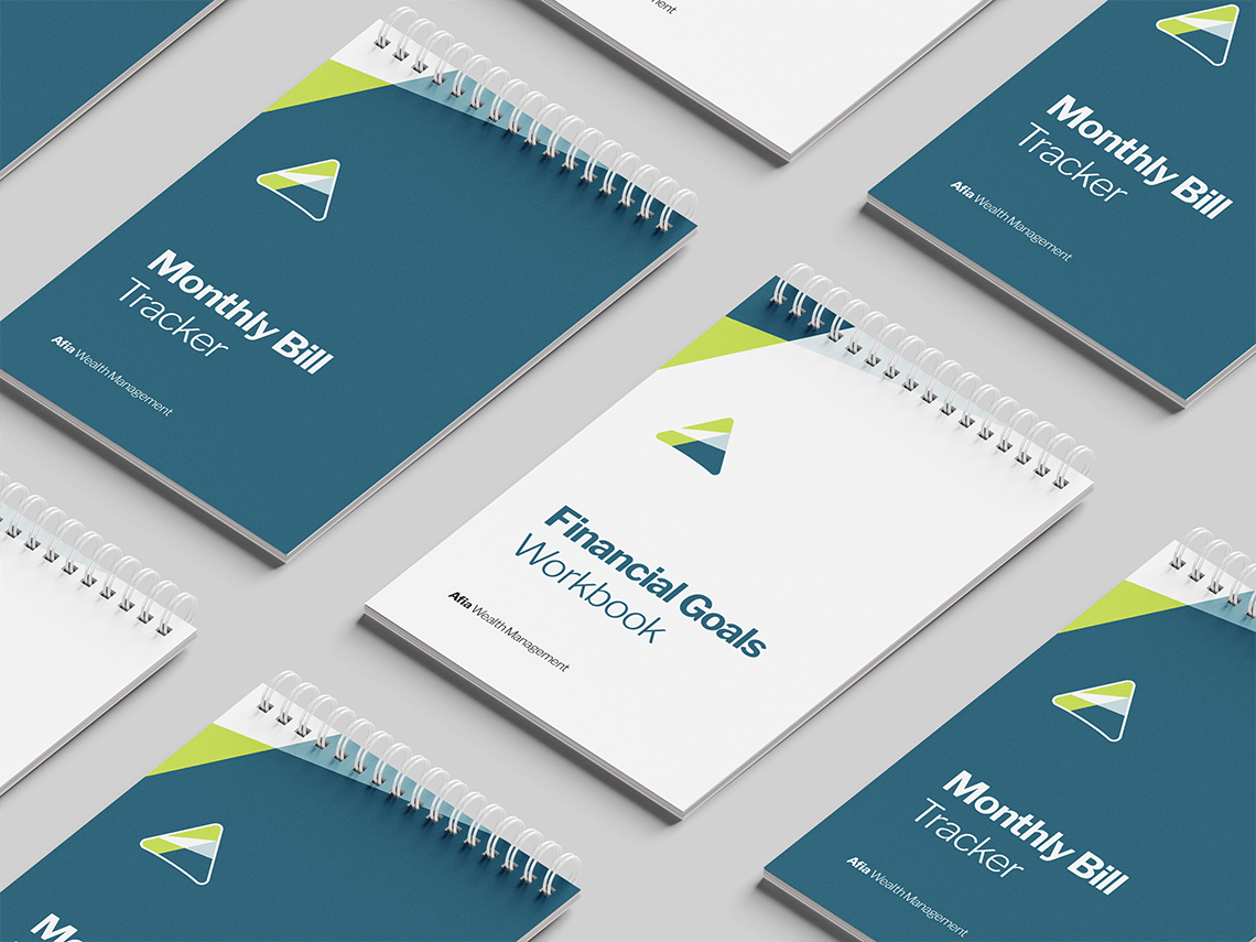 brand document notebook design for financial wealth management company Afia by illustrator, artist and freelance graphic designer Rick Martin