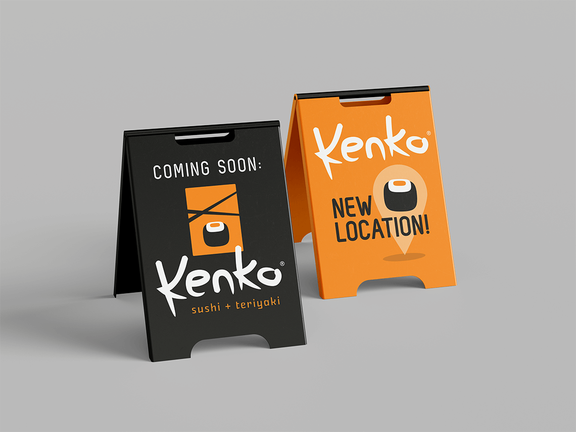 Coming soon signage new location for Japanese sushi restaurant in Cleveland Ohio Kenko teriyaki by freelance graphic designer Rick Martin