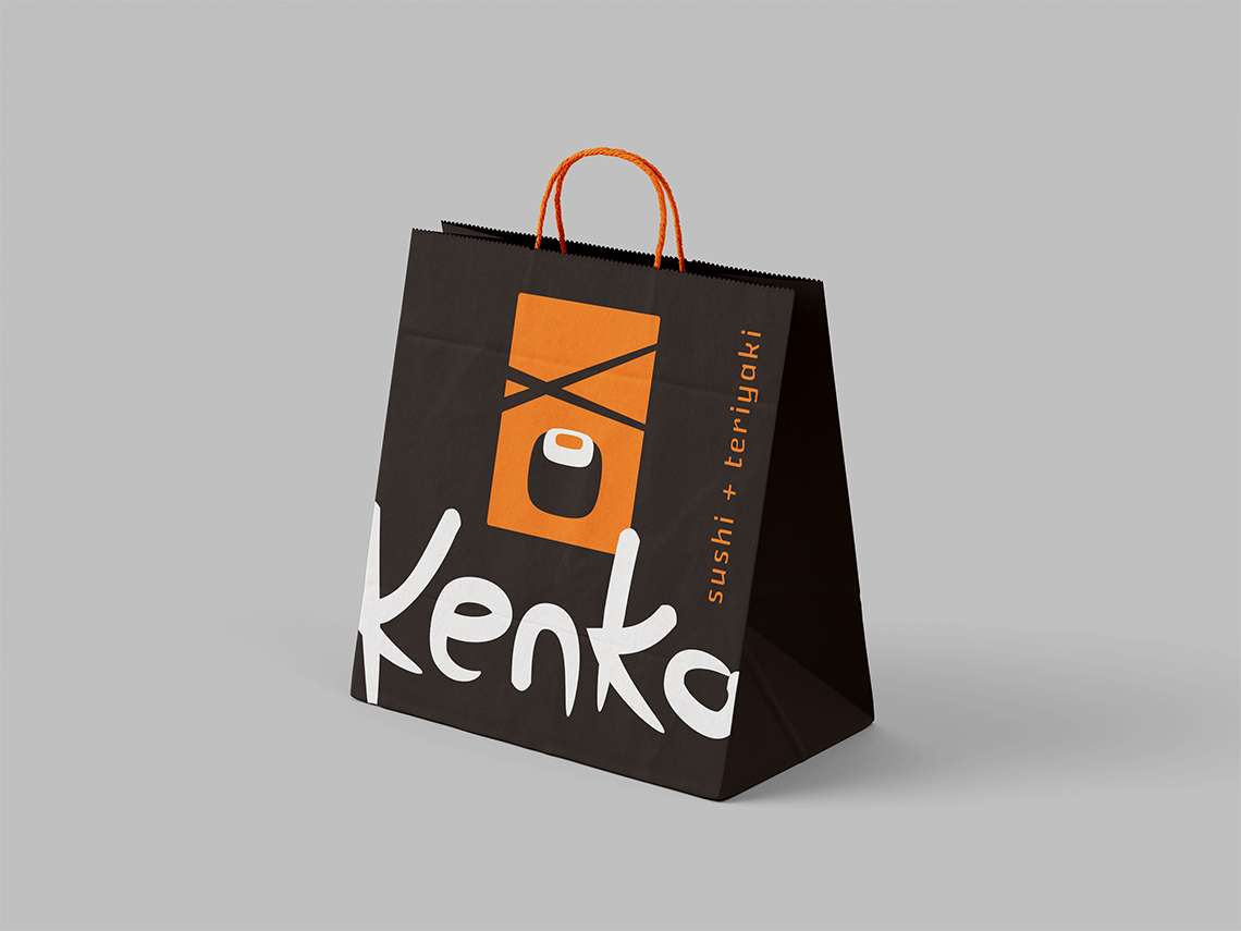 Brand to go bag packaging for Japanese sushi restaurant in Cleveland Ohio Kenko teriyaki by freelance graphic designer Rick Martin