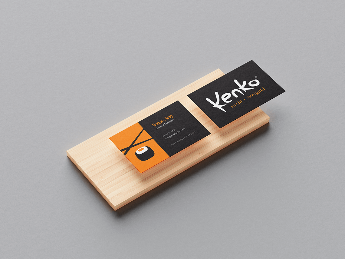 Creative professional business card design for Japanese sushi restaurant in Cleveland Ohio Kenko teriyaki by freelance graphic designer Rick Martin