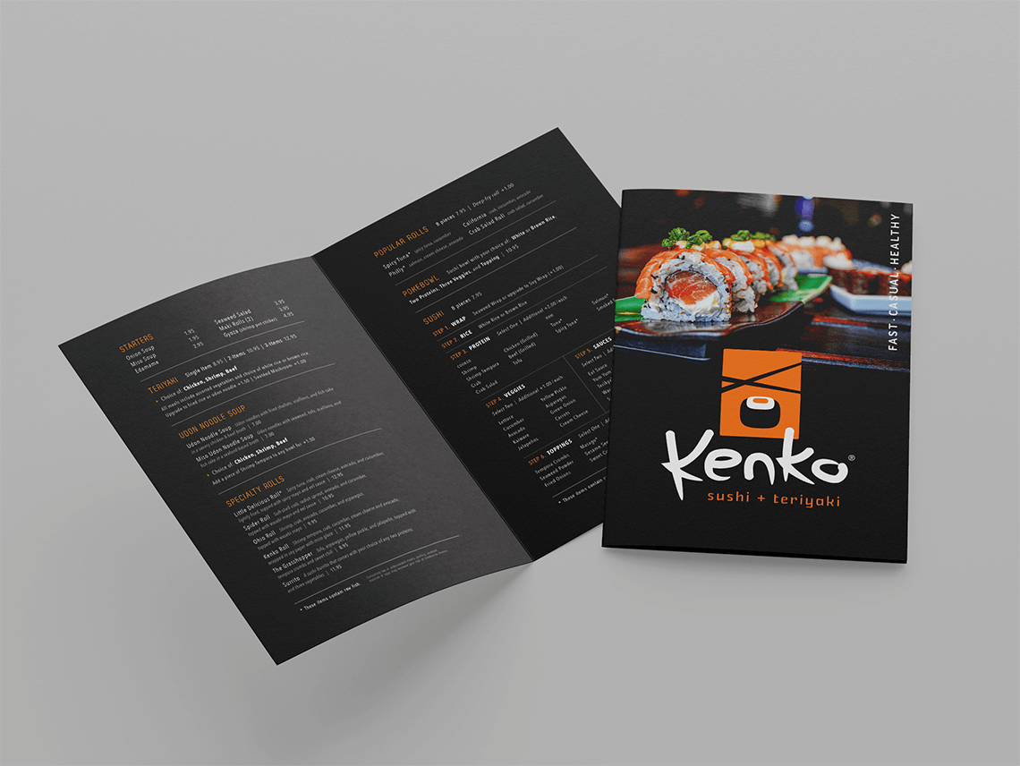 Menu design for Japanese sushi restaurant in Cleveland Ohio Kenko teriyaki by freelance graphic designer Rick Martin