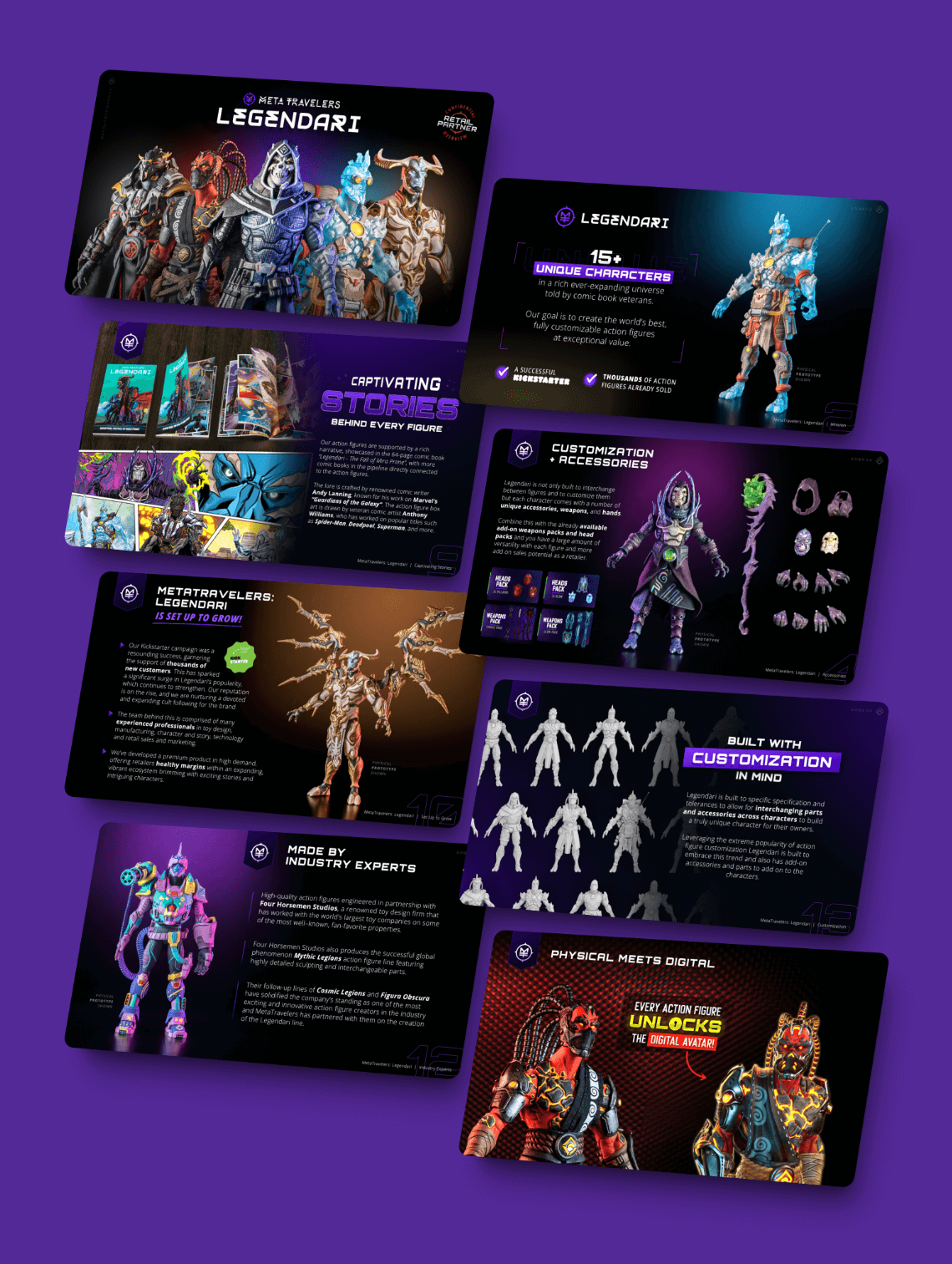 professional presentation pitch deck design for sci-fi comic book action figure brand MetaTravelers by graphic designer Rick Martin