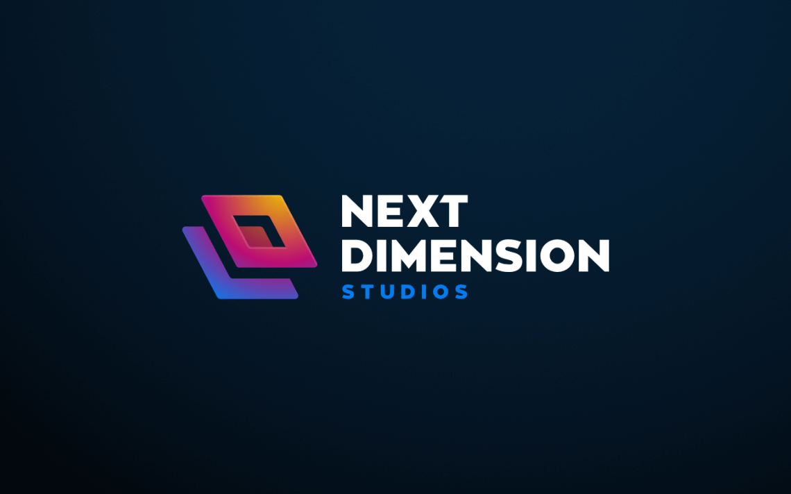 Creative colorful gradient minimal clever negative space brand mark and wordmark logo design for dynamic multimedia entertainment brand Next Dimension Studios by freelance graphic designer Rick Martin