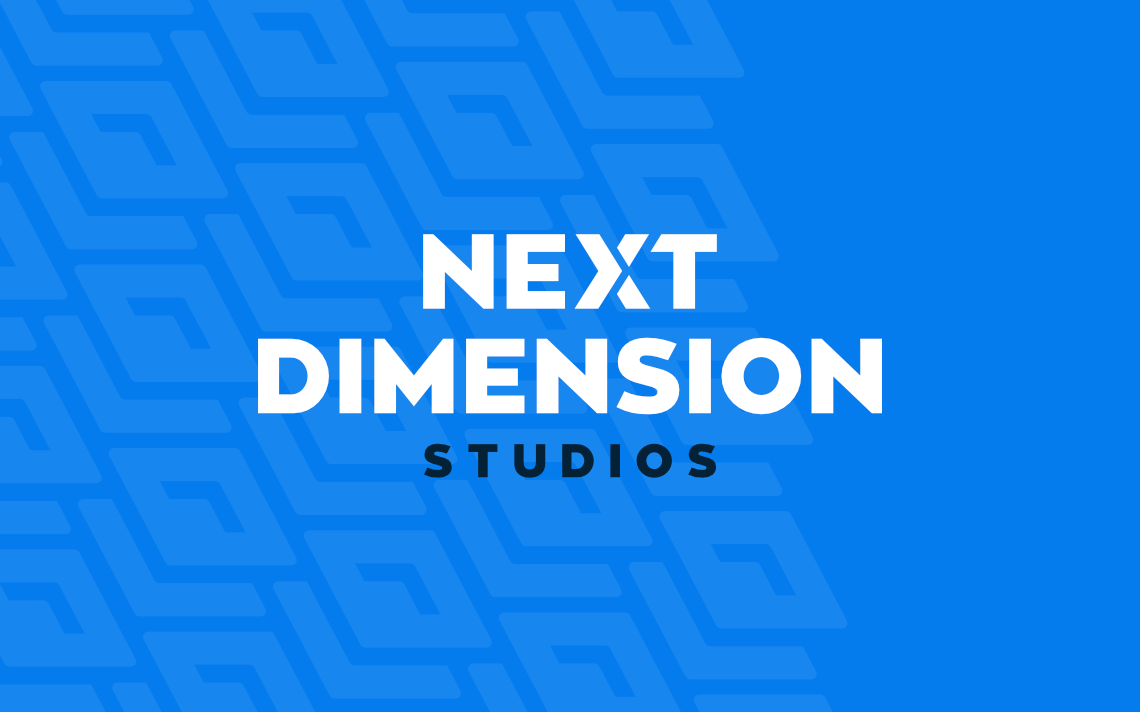 Creative negative space Brand wordmark logo design for dynamic multimedia entertainment brand Next Dimension Studios by freelance graphic designer Rick Martin