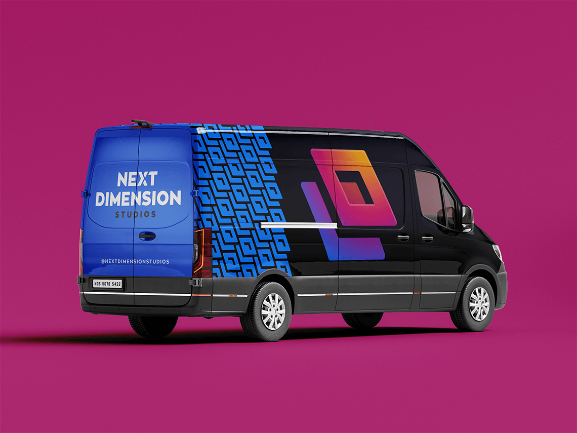 Brand vehicle wrap design for dynamic multimedia entertainment brand Next Dimension Studios by freelance graphic designer Rick Martin