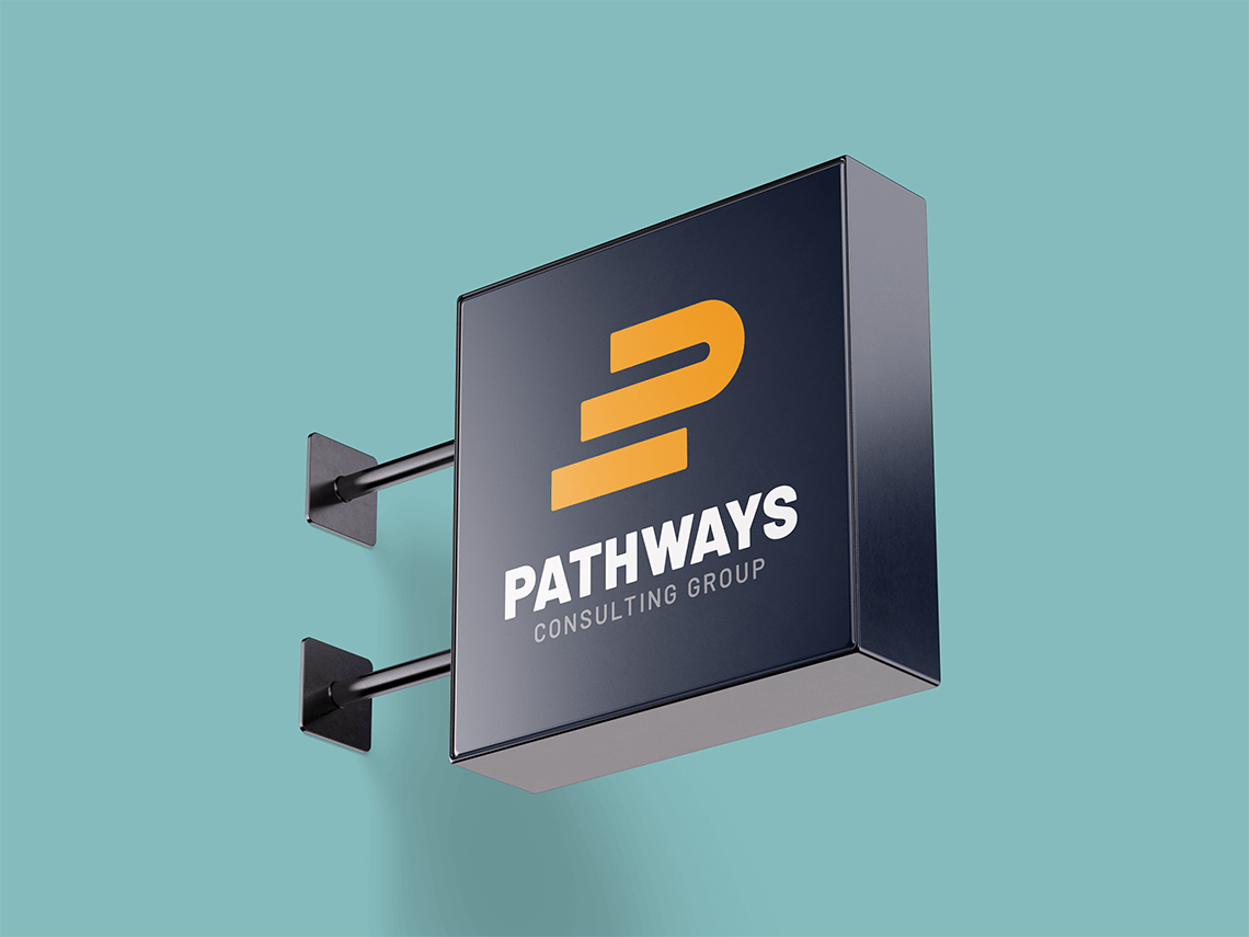 Brand presentation on signage for pathways business consulting firm by freelance logo designer Rick Martin