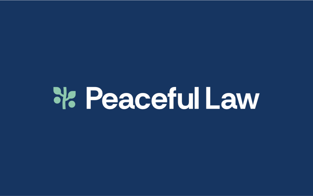 Creative modern vintage minimal olive branch brand mark and wordmark logo design for modern lawyer and attorney Peaceful Lawfirm by logo designer Rick Martin