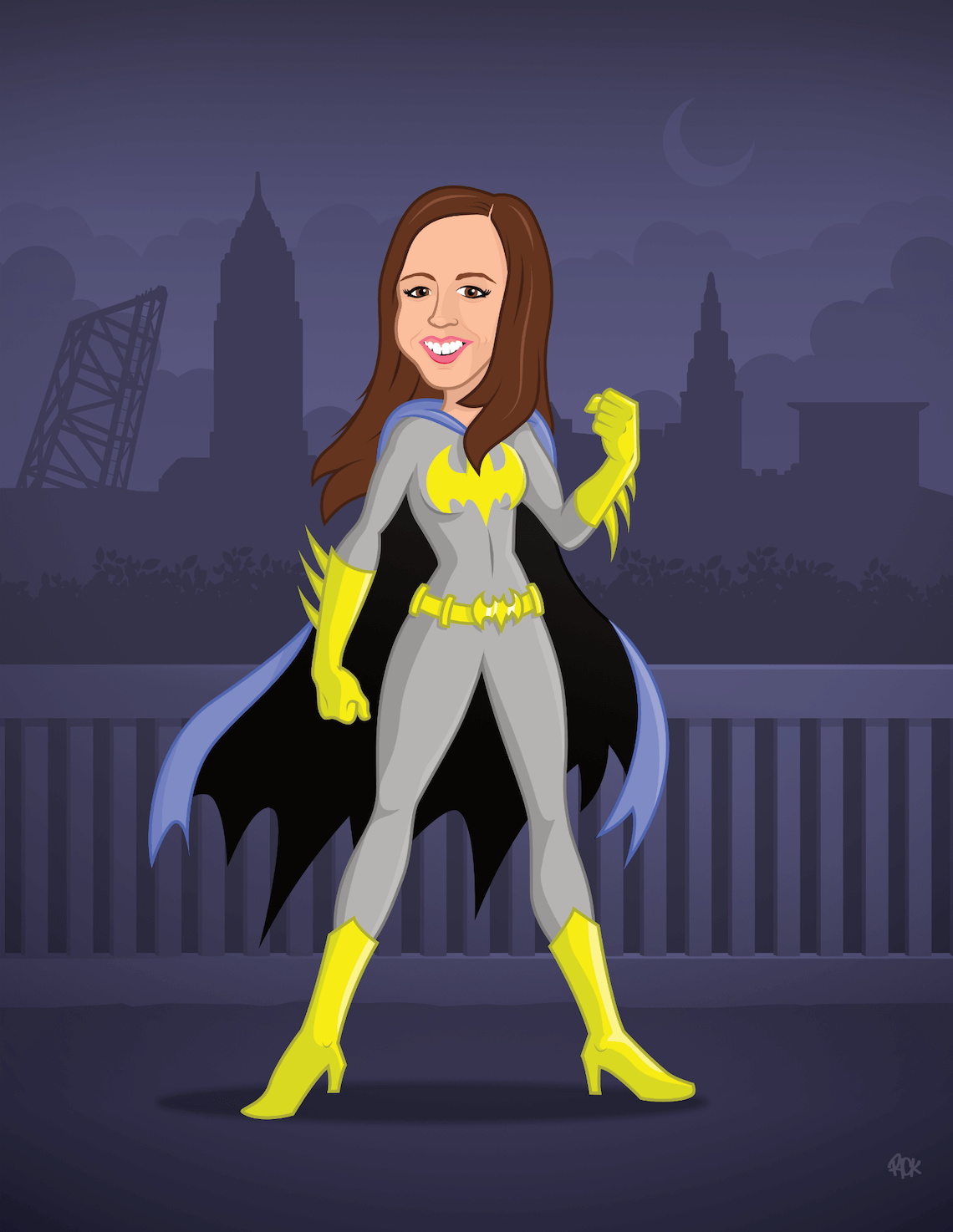 custom family gift caricature cartoon of girl dressed as DC comics superhero character Batgirl posing in front of Cleveland skyline, drawn by artist Rick Martin