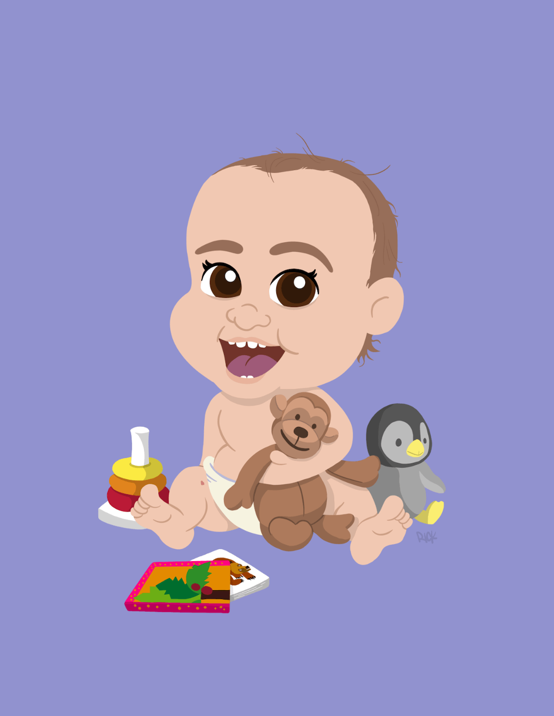 cartoon caricature portrait of little 1 year old baby girl holding stuffed monkey with books and toys smiling, drawn by artist Rick Martin