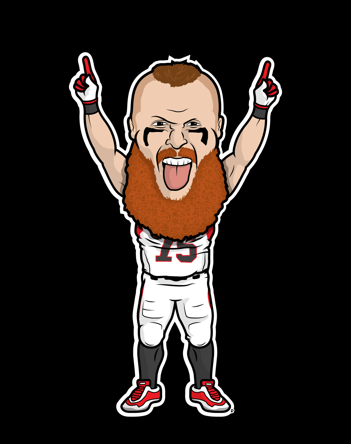 custom gift caricature cartoon of Cleveland gladiator football player chanting and posing for crowd, drawn by artist Rick Martin