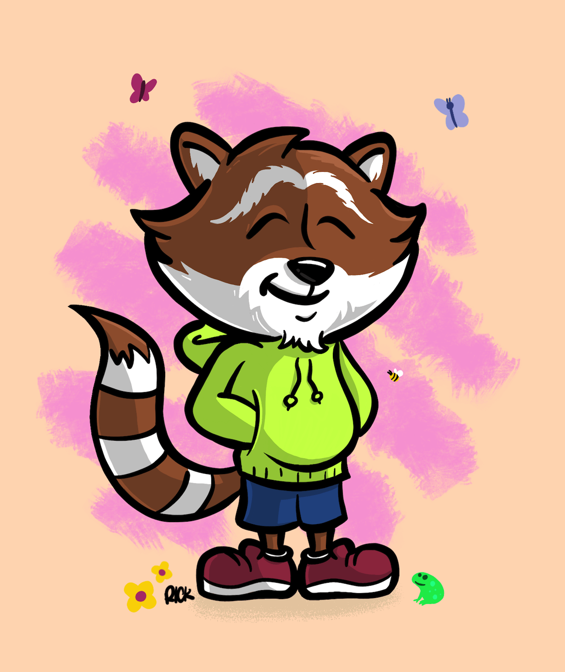 Fan art of record label Chillhop Music's raccoon mascot, smiling cartoon animal in nature happy kids art by artist Rick Martin