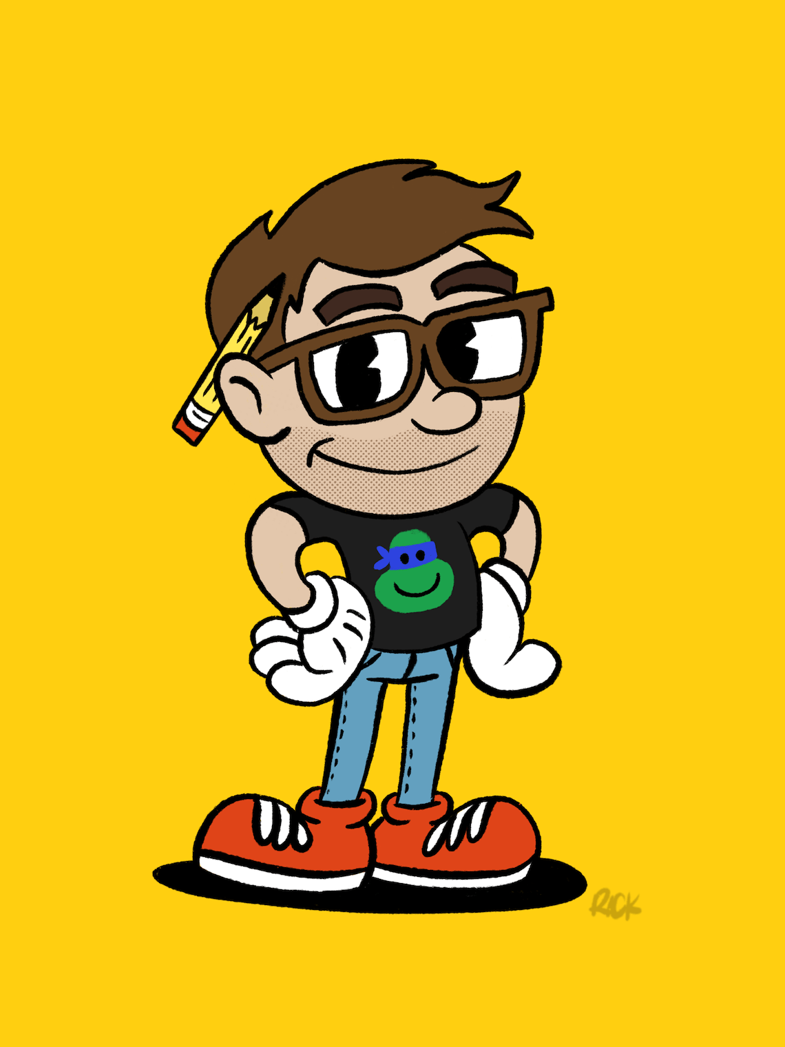 cartoon self-portrait done in the style of video game Cuphead art, drawn by artist Rick Martin