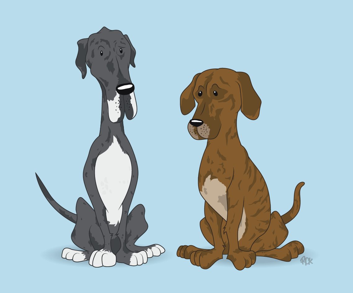 cartoon caricature of two dogs for pet owner, fun custom gift illustration by artist rick martin