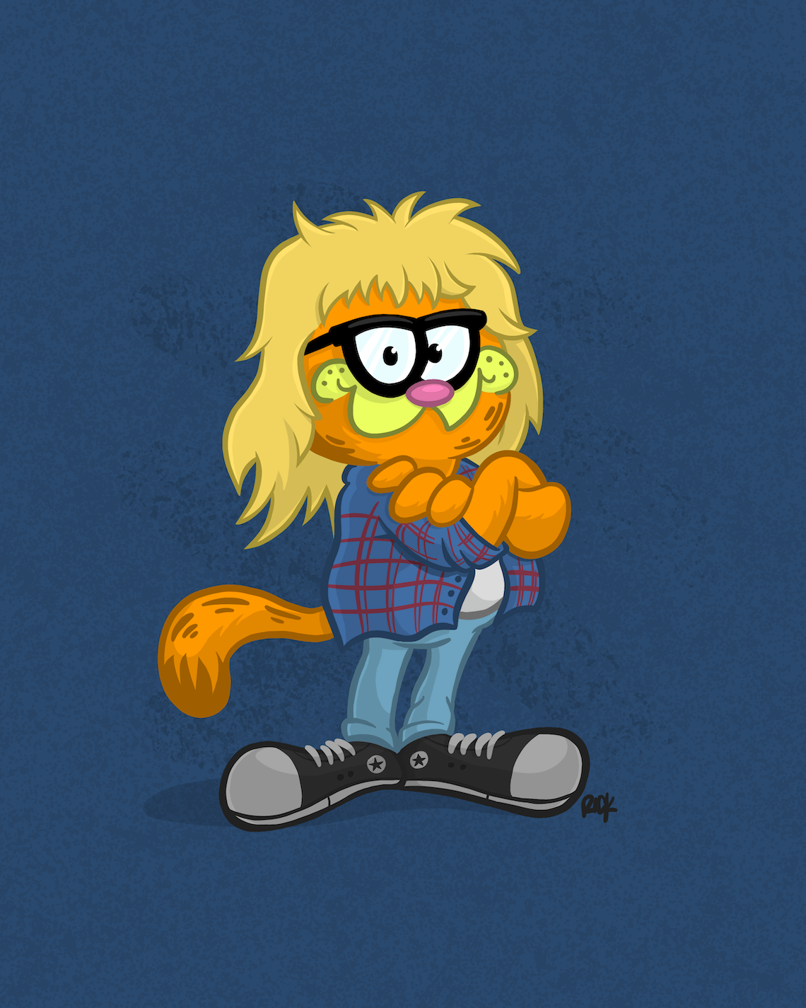 cartoon parody fan art of Garfield the Cat dressed as Garth from Wayne's World, titled Garthfield. Fun cartoon hybrid illustration by artist Rick Martin