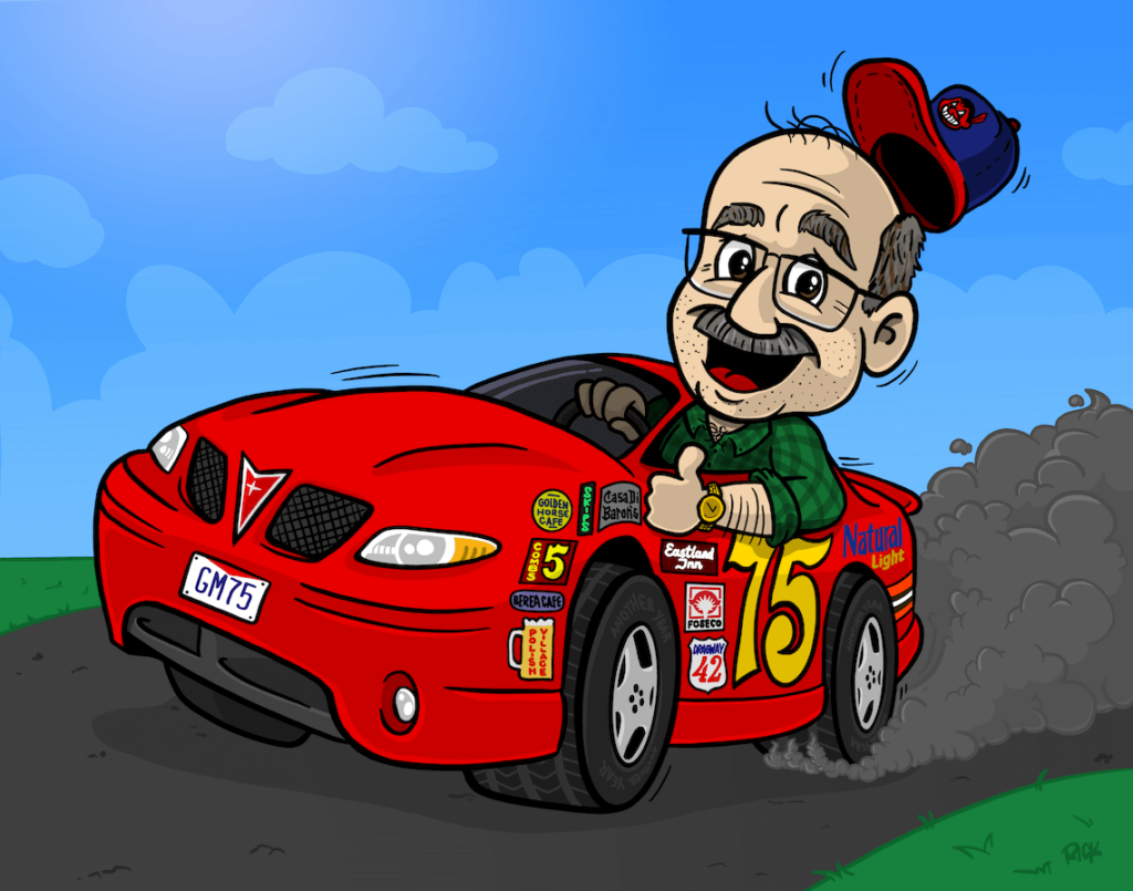 custom cartoon caricature for 75th birthday of man driving race car nascar fan art Pontiac Grand Prix, custom family gift drawn by artist Rick Martin