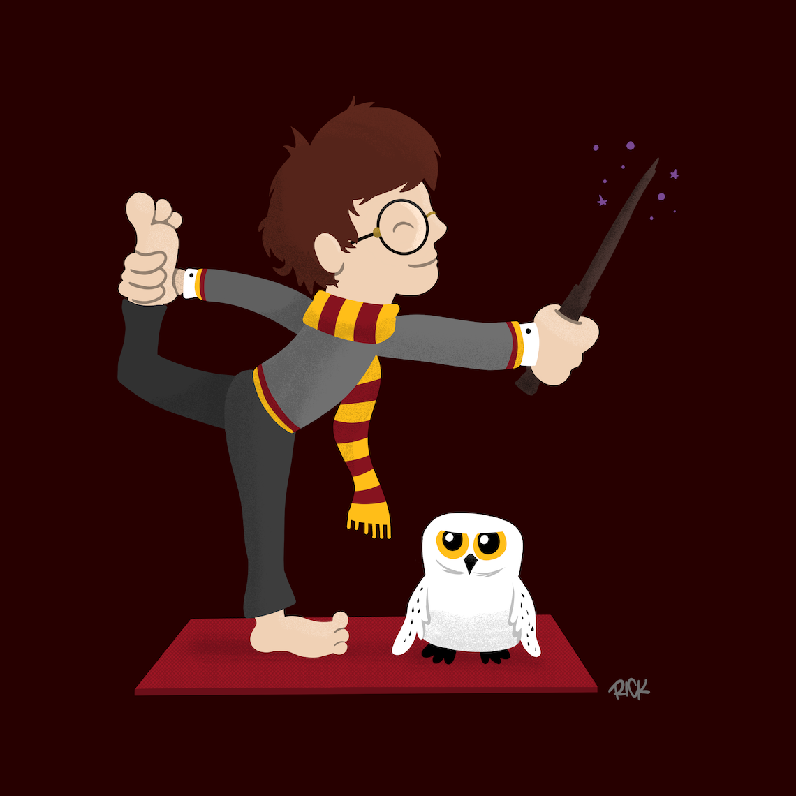 Cartoon Harry Potter doing yoga illustration with cartoon hedwig, Hogwarts scarf, smiling cute Harry Potter fan art drawn by artist Rick Martin