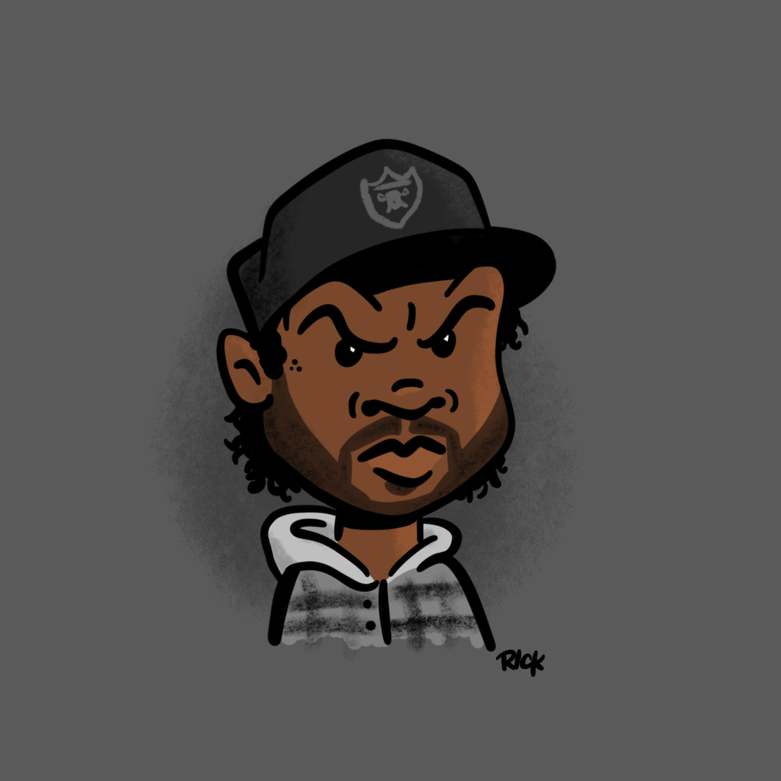 cartoon portrait of hip-hop rapper ice cube from NWA wearing Los Angeles raiders colors and flannel shirt from 90s, drawn by artist Rick Martin