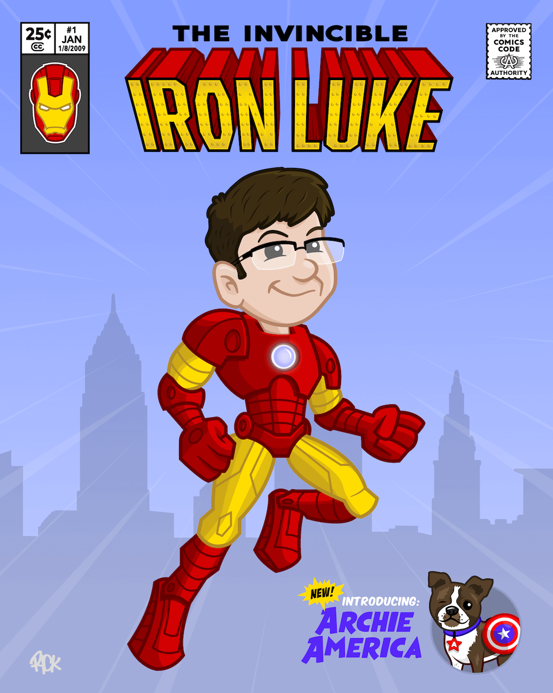 cartoon caricature portrait of young boy dressed as marvel comics superhero ironman flying through Cleveland skyline with cartoon dog as captain America, parody fan art drawn by artist Rick Martin