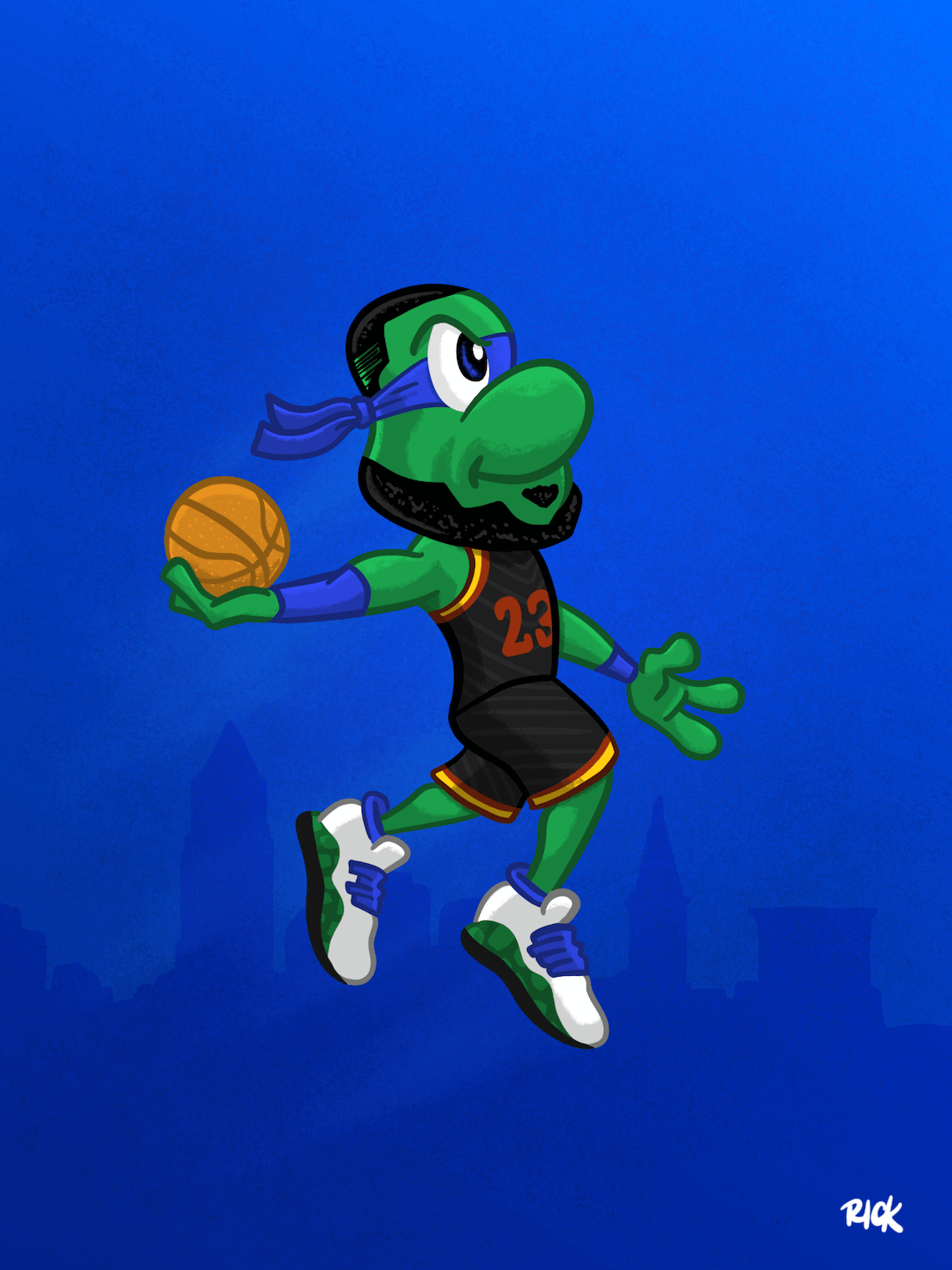 cartoon fan art of TMNT character Leonardo dressed as Cleveland cavalier athlete LeBron James posing in his iconic dunk. Teenage Mutant Ninja Turtle fan art drawn by artist Rick Martin