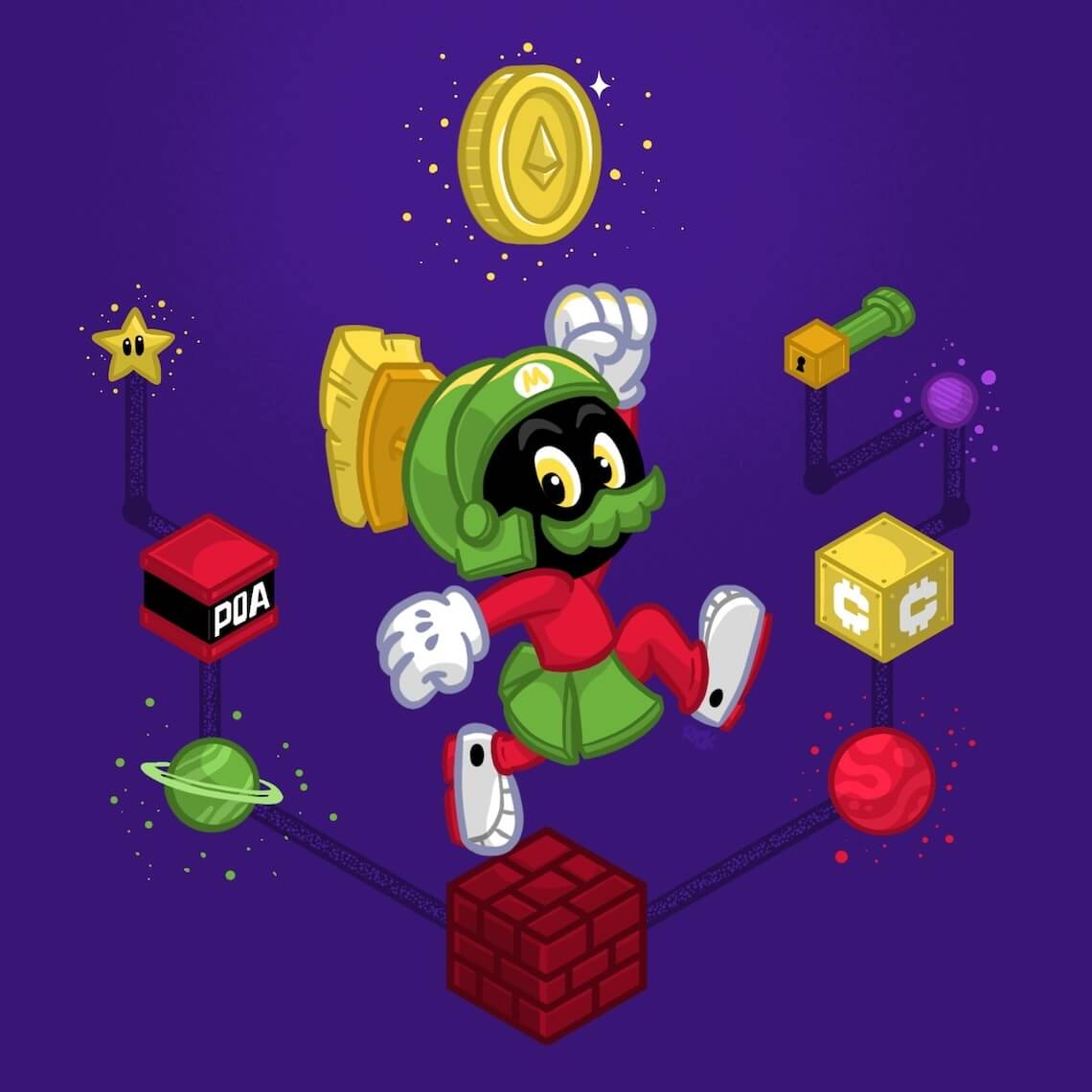 cartoon parody fan art of Marvin the martian dressed as Super Mario running through a crypto currency galaxy featuring planets and blocks related to ethereal, bitcoin, and blockchains, parody art drawn by artist Rick Martin