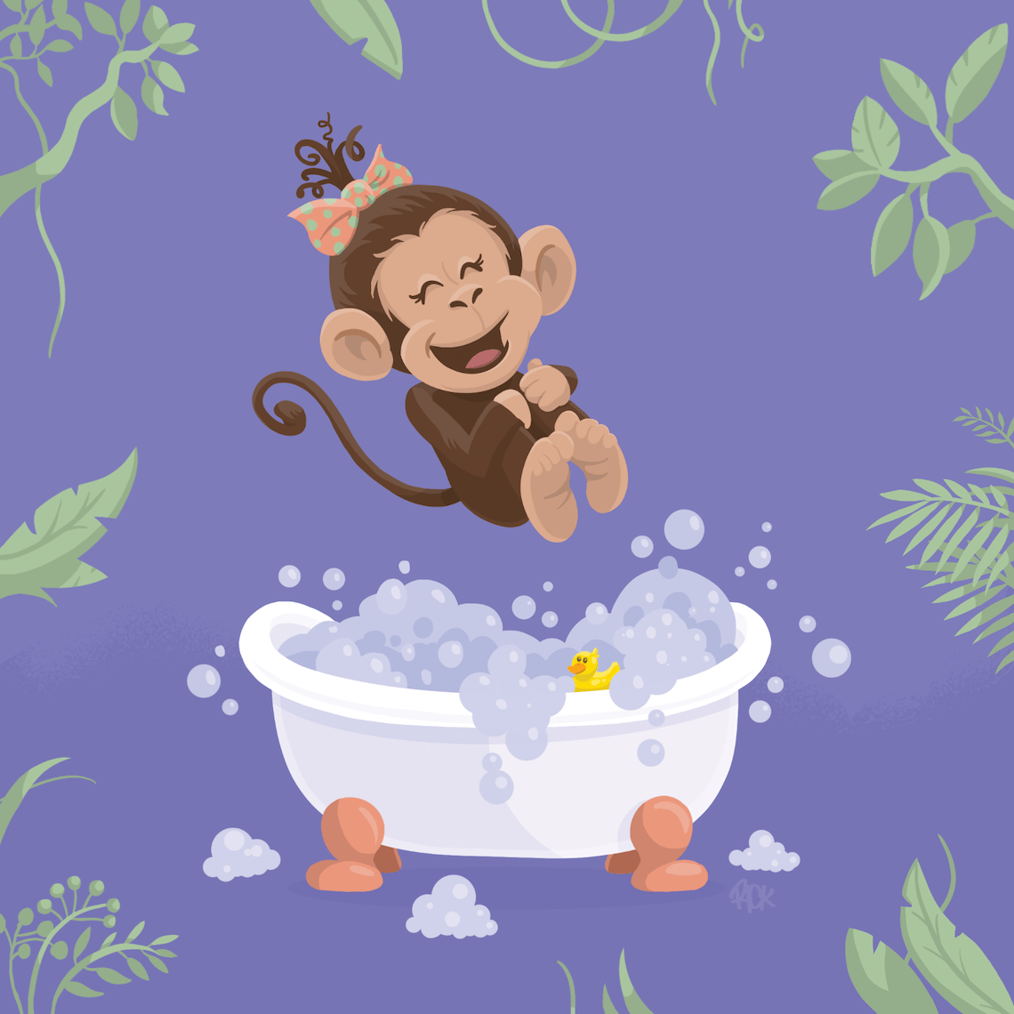 Cute cartoon girl monkey children's illustration for baby shower, monkey jumping into bathtub in jungle, purple and green baby announcement palette, baby shower invitation artwork drawn by artist Rick Martin