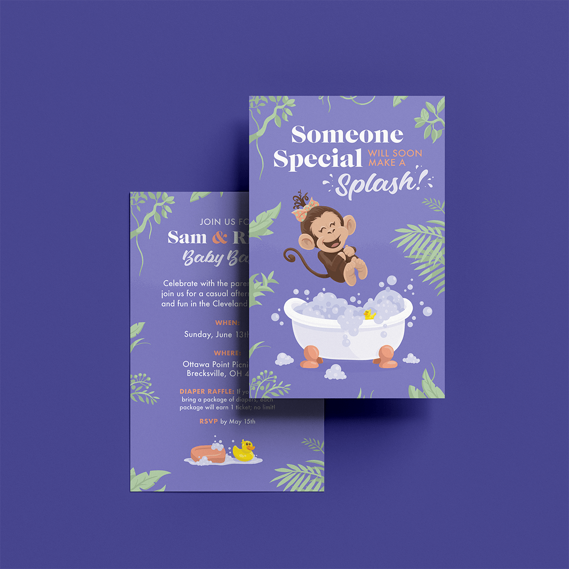 Cute cartoon girl monkey children's illustration for baby shower invitation, custom typography and lettering alongside monkey jumping into bathtub in jungle, purple and green baby announcement palette, baby shower invitation artwork drawn and designed by artist Rick Martin