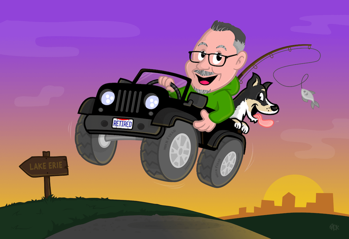 Custom caricature cartoon retirement gift fishing fan with cartoon dog driving Jeep into sunset on way to Lake Erie, custom family gift drawing by artist Rick Martin