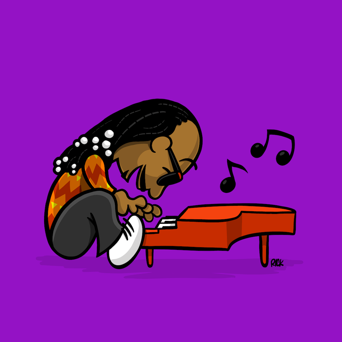 Cartoon parody of singer musician Stevie Wonder depicted as Schroeder from The Peanuts comic strip, playing piano iconic braids and glasses, parody cartoon drawn by artist Rick Martin