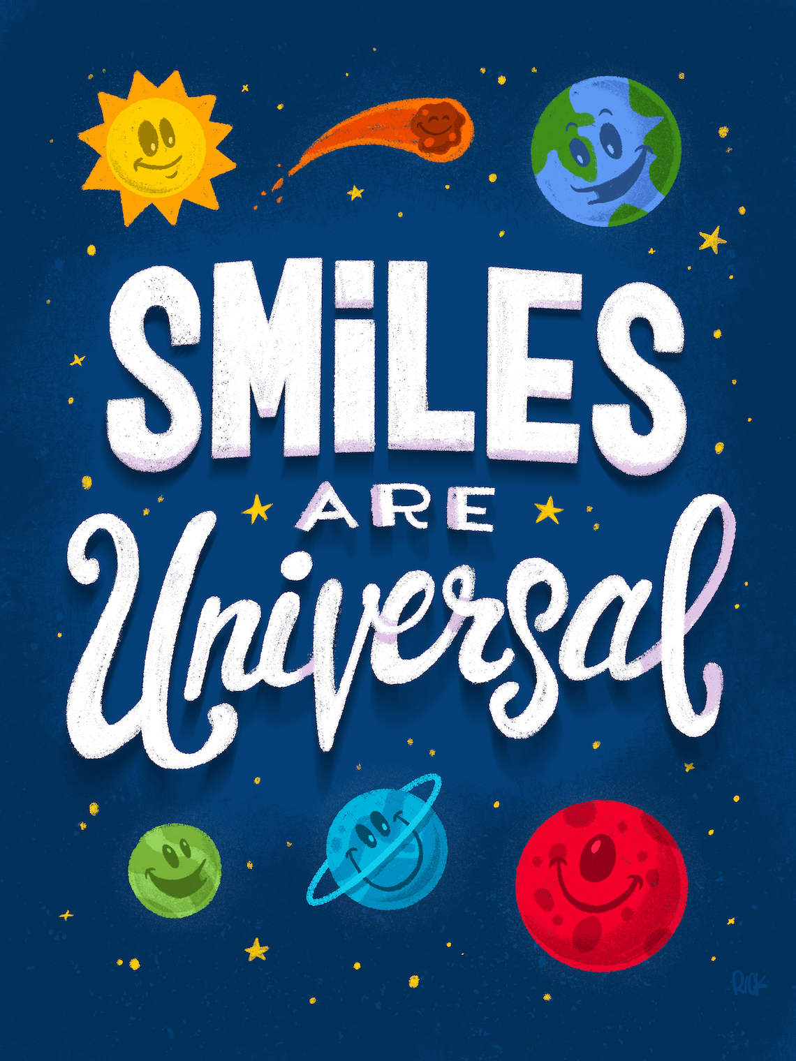 cartoon hand-lettered quote "smiles are universal" featuring cartoon solar system with happy colorful planets, children's illustration, positive happy motivating artwork drawn by artist Rick Martin