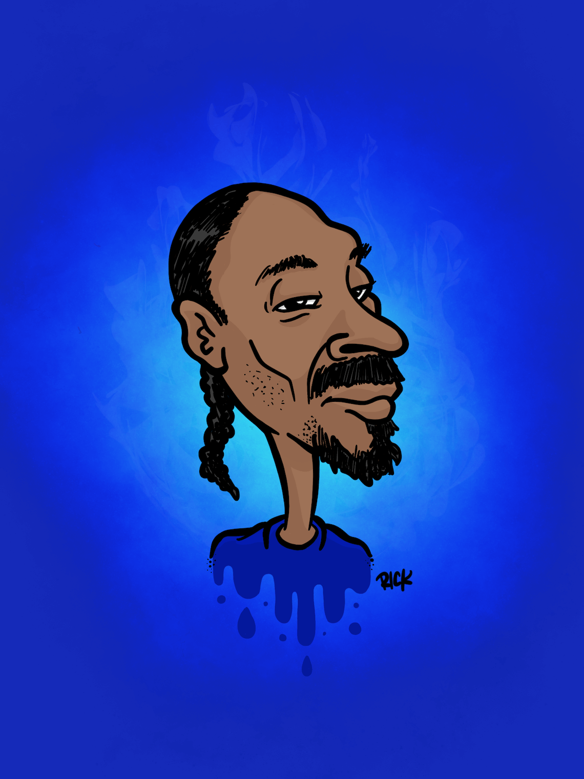 Cartoon caricature portrait of hip-hop rapper Snoop Doggy Dogg, smoky dripping blue fan art toon by artist Rick Martin