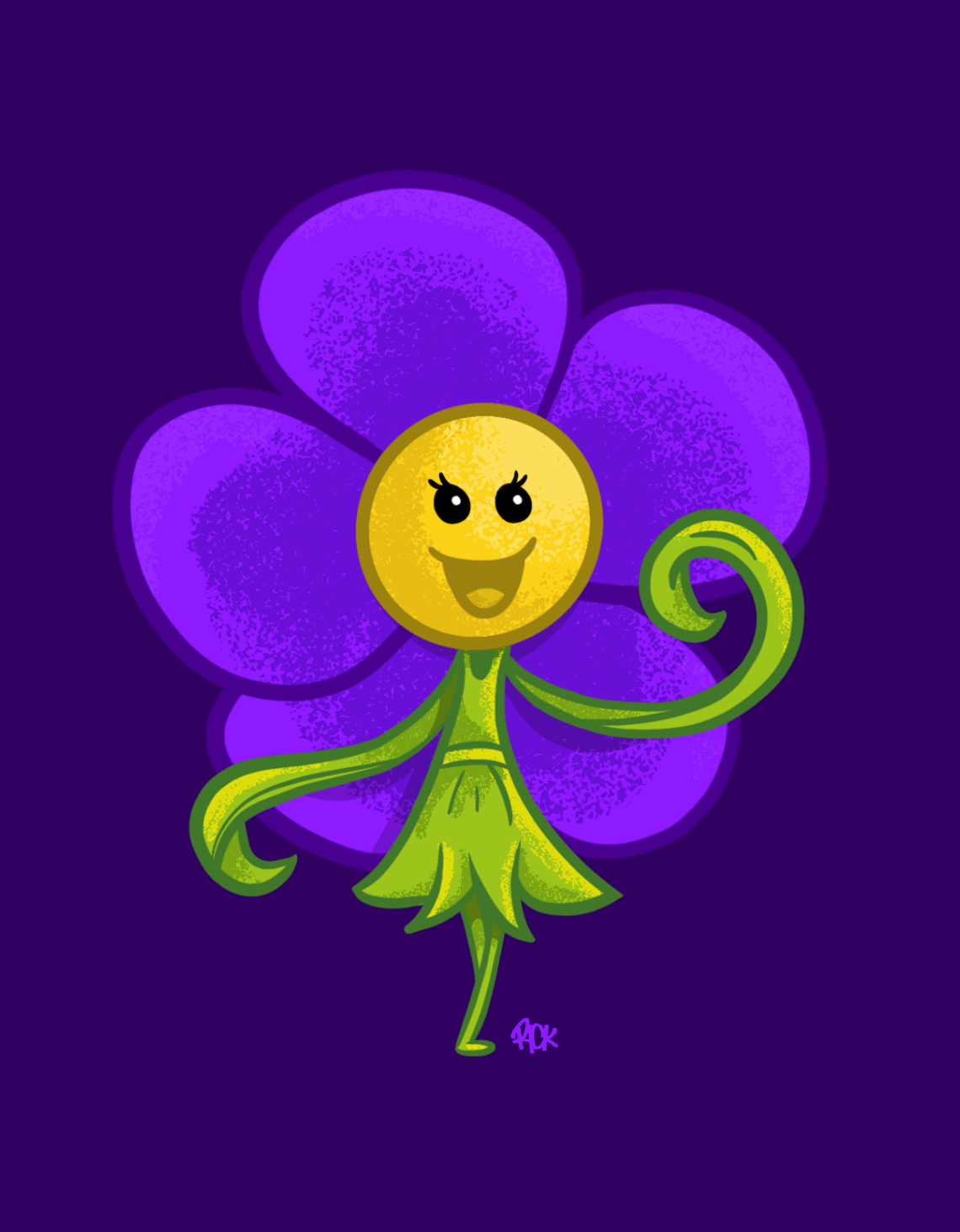 happy cartoon violet flower character drawn by artist Rick Martin