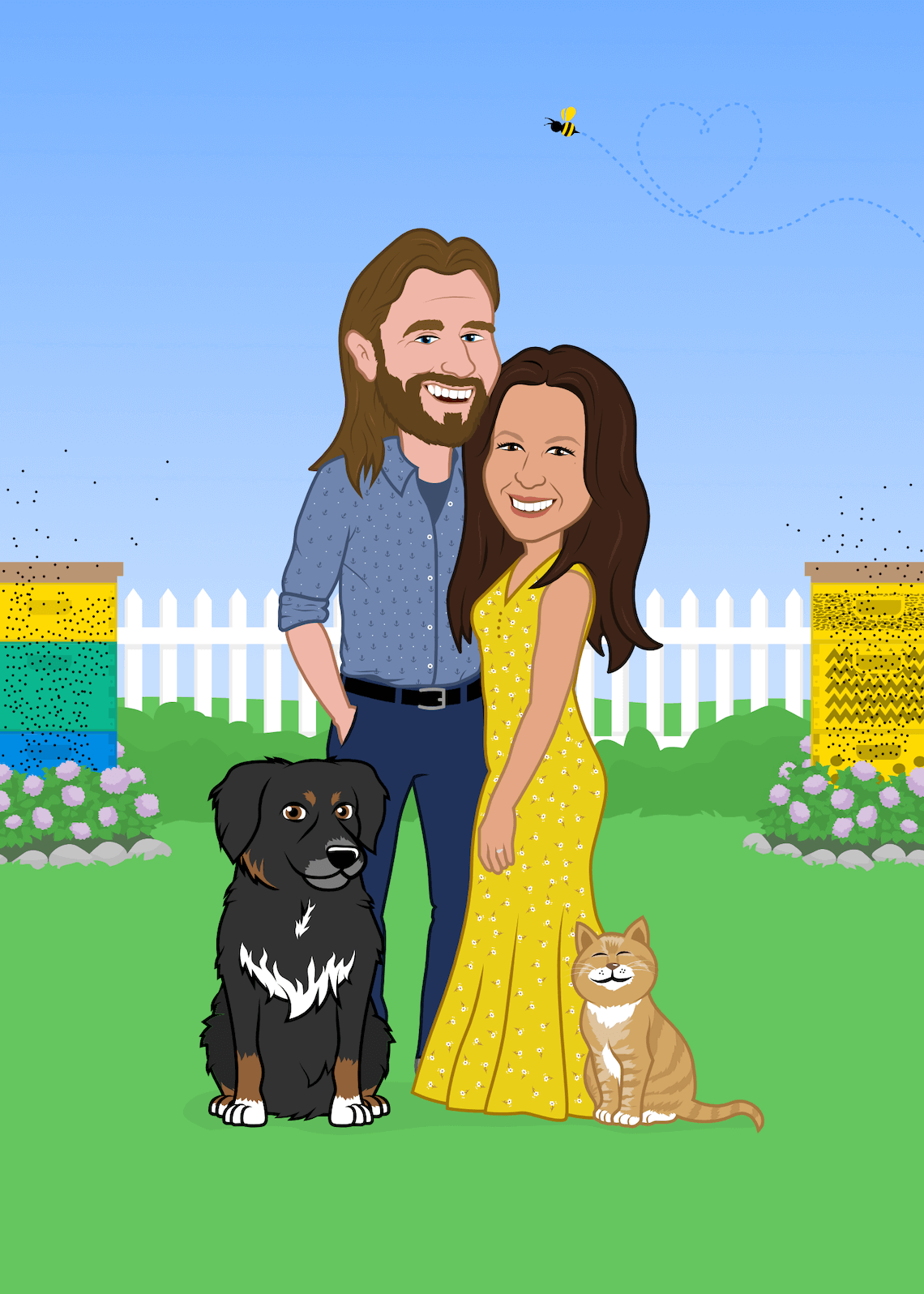 cartoon wedding portrait for wedding invitation, happy couple standing in backyard with pet cat and dog white fence and bee making heart around bee hives, darn by artist Rick Martin