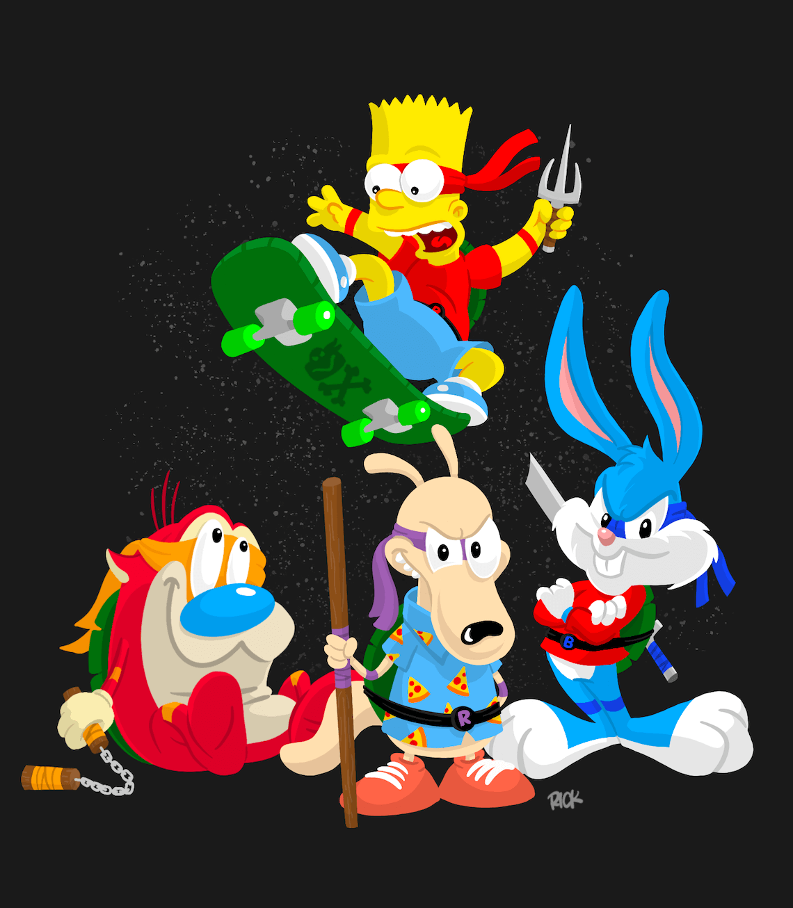 TMNT cartoon hybrid parody fan art of cartoon characters Bart Simpson from The Simpsons, Stimpy from Ren and Stimpy, Stimpy, Rocko's Modern Life, Buster Bunny from Tiny Toons dressed up as Teenage Mutant Ninja Turtles, 90s nicktoon fan art drawn by artist Rick Martin