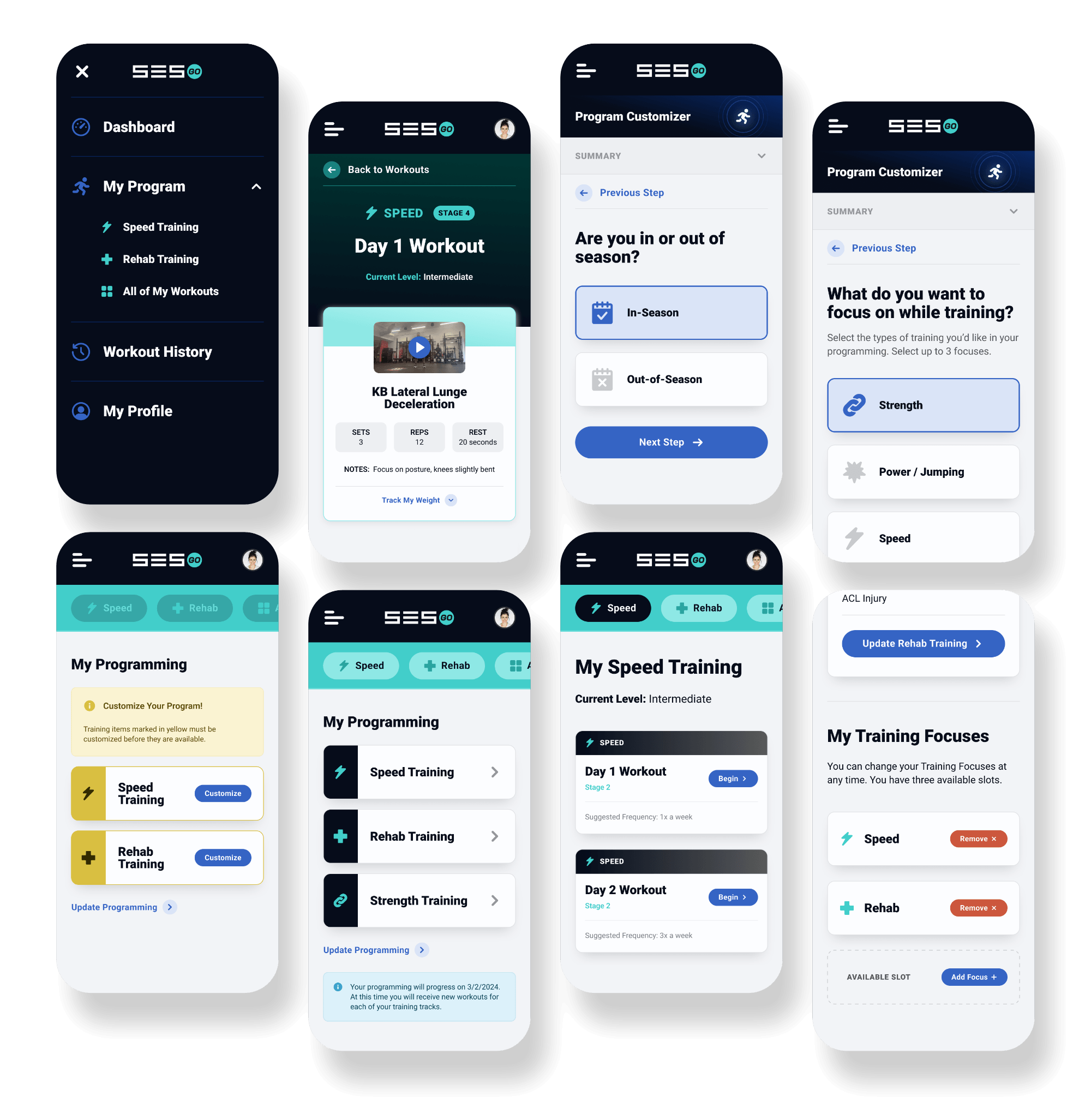 UI user interface design for premier athlete fitness and wellness personal trainer brand SESGo mobile app by freelance graphic designer Rick Martin