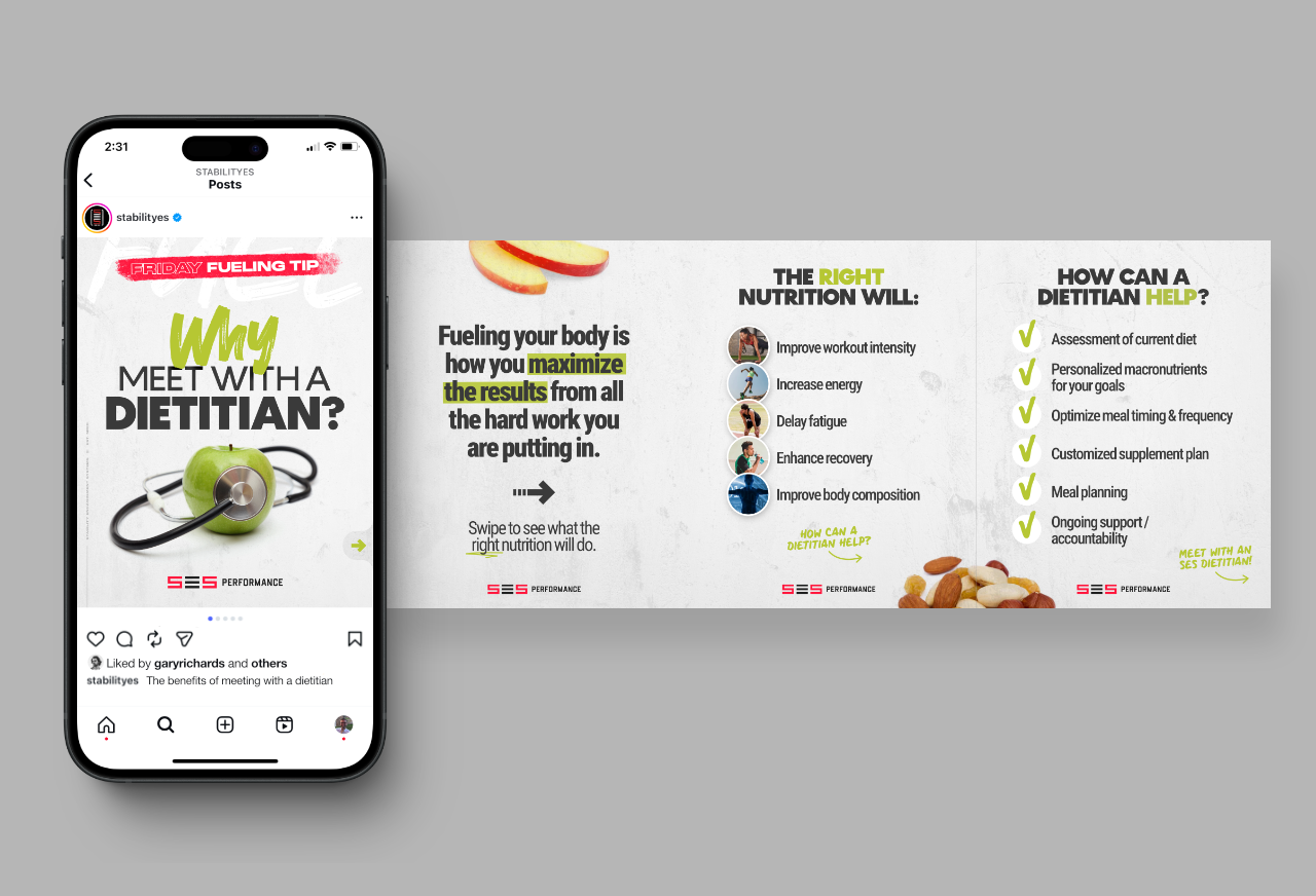 social media carousel post design for premier athlete fitness and wellness personal trainer brand SES by freelance graphic designer Rick Martin