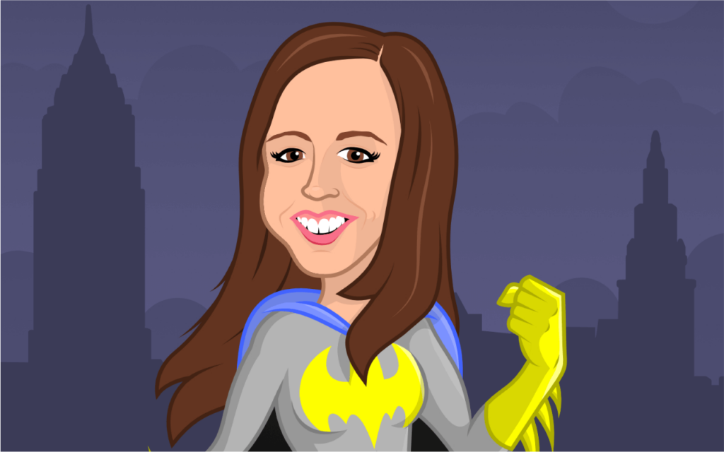 custom family gift caricature cartoon of girl dressed as DC comics superhero character Batgirl posing in front of Cleveland skyline, drawn by artist Rick Martin