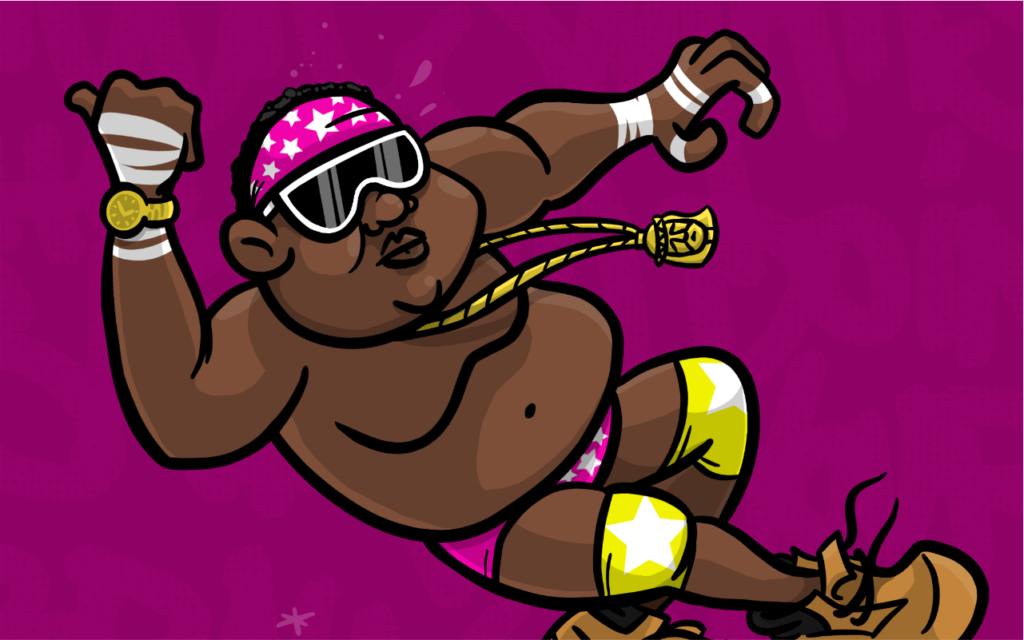 Notorious B.I.G. Biggie Smalls Ready to Die rap lyrics cartoon parody as Macho Man elbow drop on Krang from Ninja Turtles with hand-lettered hip-hop graffiti art, drawn by artist Rick Martin