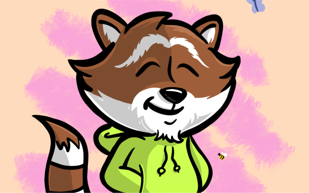 Fan art of record label Chillhop Music's raccoon mascot, smiling cartoon animal in nature happy kids art by artist Rick Martin