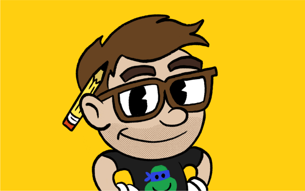 cartoon self-portrait done in the style of video game Cuphead art, drawn by artist Rick Martin