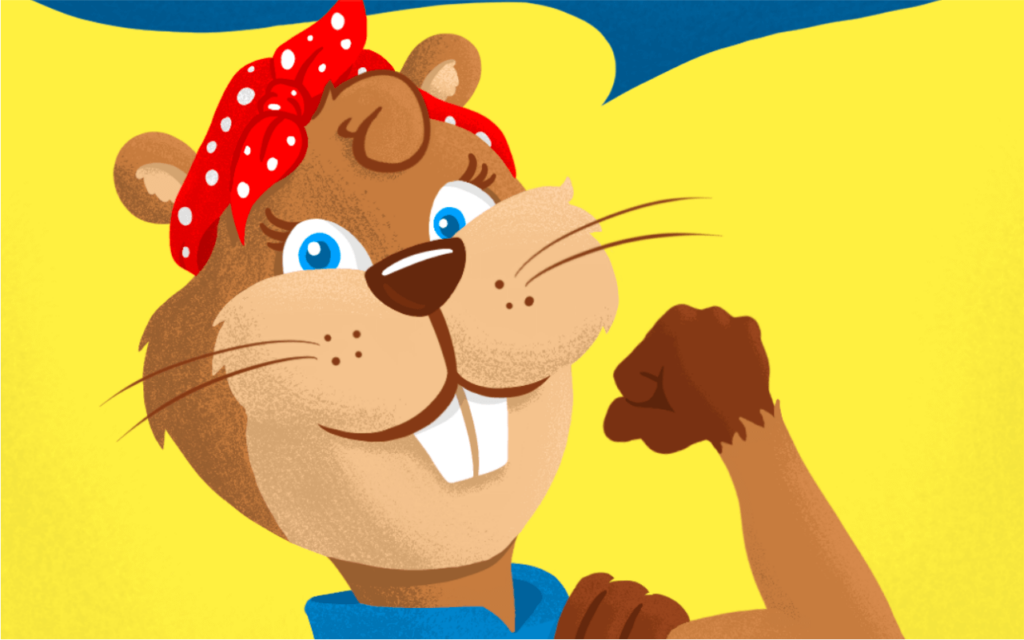 parody motivational poster of Rosie the Riveter depicting a cartoon gopher flexing muscle saying "Gopher It!", fun girl power pun illustration by artist Rick Martin