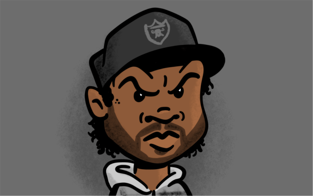 cartoon portrait of hip-hop rapper ice cube from NWA wearing Los Angeles raiders colors and flannel shirt from 90s, drawn by artist Rick Martin