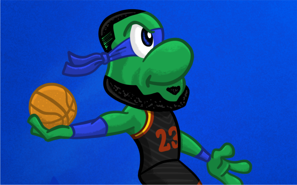 cartoon fan art of TMNT character Leonardo dressed as Cleveland cavalier athlete LeBron James posing in his iconic dunk. Teenage Mutant Ninja Turtle fan art drawn by artist Rick Martin