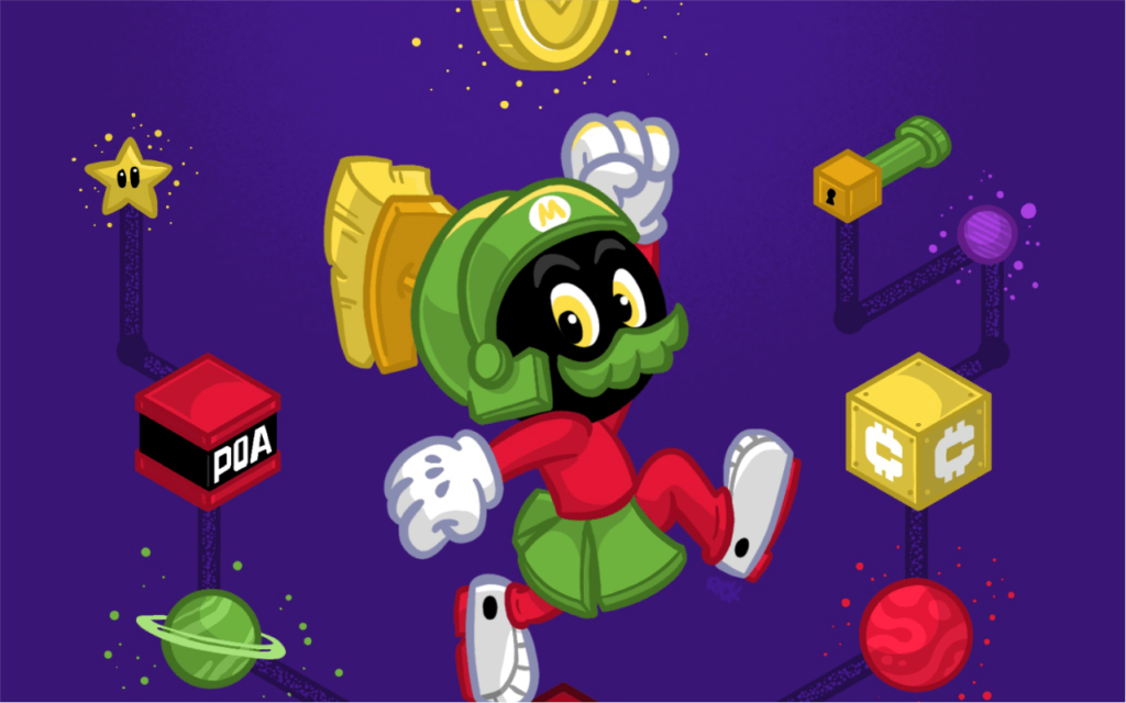 cartoon parody fan art of Marvin the martian dressed as Super Mario running through a crypto currency galaxy featuring planets and blocks related to ethereal, bitcoin, and blockchains, parody art drawn by artist Rick Martin