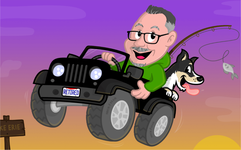 Custom caricature cartoon retirement gift fishing fan with cartoon dog driving Jeep into sunset on way to Lake Erie, custom family gift drawing by artist Rick Martin