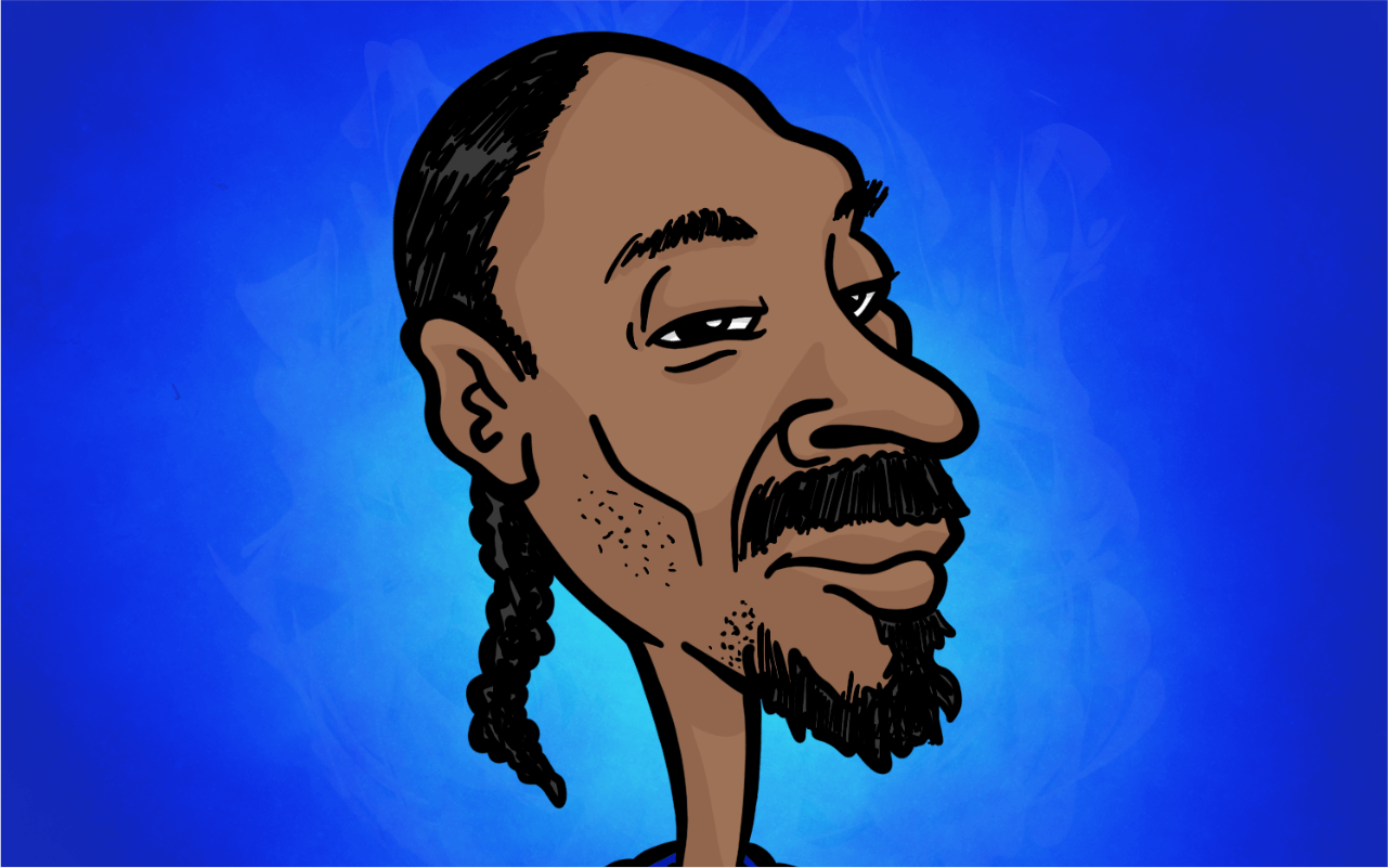 Cartoon caricature portrait of hip-hop rapper Snoop Doggy Dogg, smoky dripping blue fan art toon by artist Rick Martin